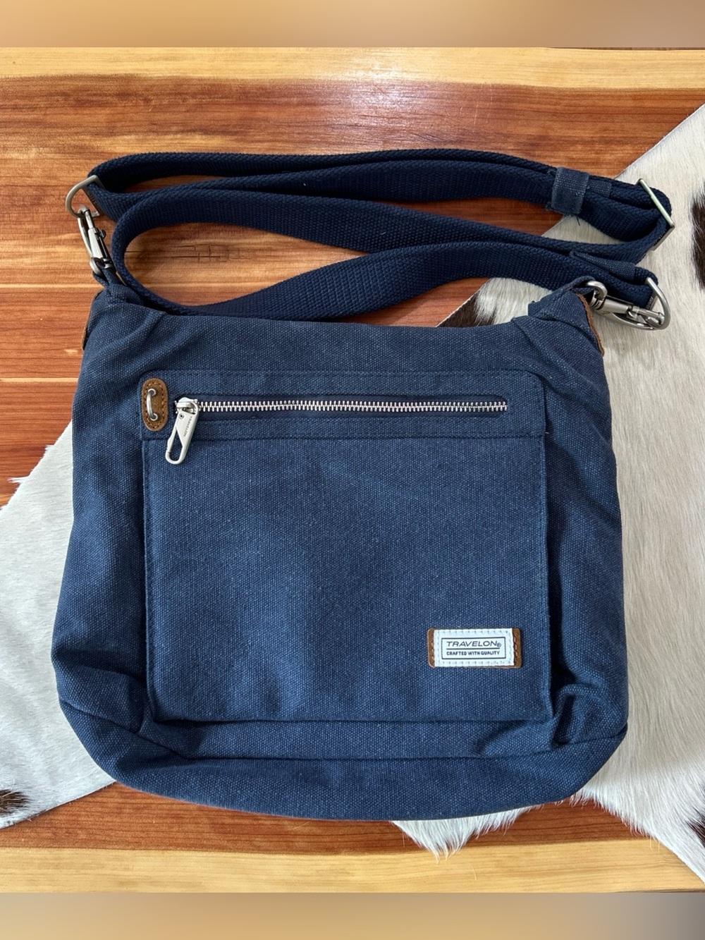 Travelon Crossbody Handbag Canvas Navy Blue Anti theft RFID